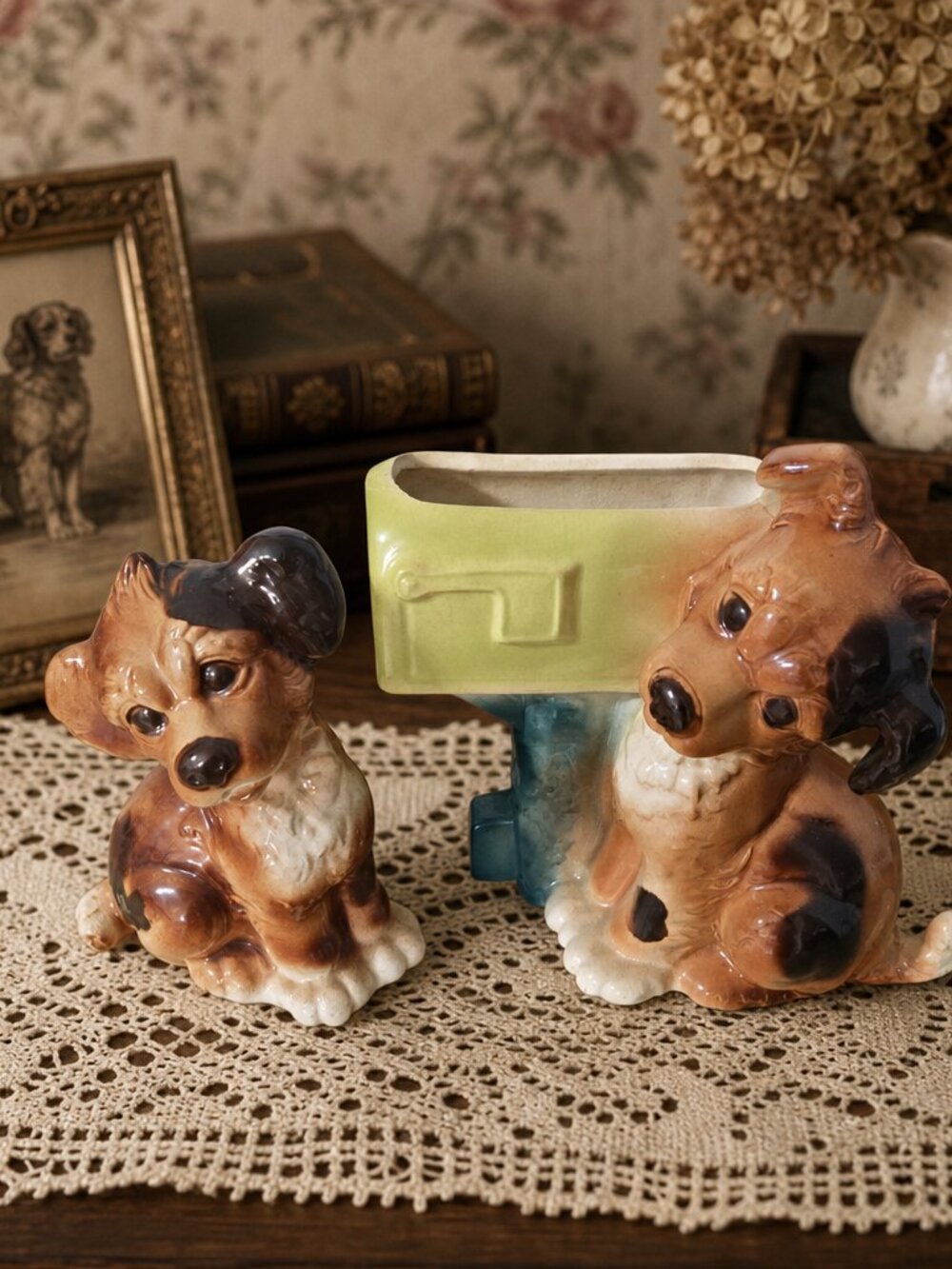 Vintage Royal Copley Ceramic Dog And Mailbox Planter Set In EUC